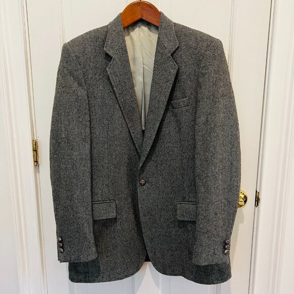 Vintage Hagger Gray Harringbone Sport Coat Leather Button Patch Pocket 42 L - Picture 14 of 16